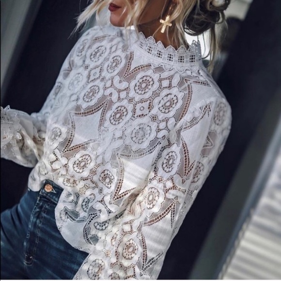 Figleaffashion Tops - 𝓵𝓪𝓼𝓽 𝓸𝓷𝓮 | Lace Mock Neck Blouse